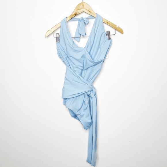 ONIA Elena Halter One Piece Swimsuit light blue underwire full coverage wrap XL - Picture 4 of 10